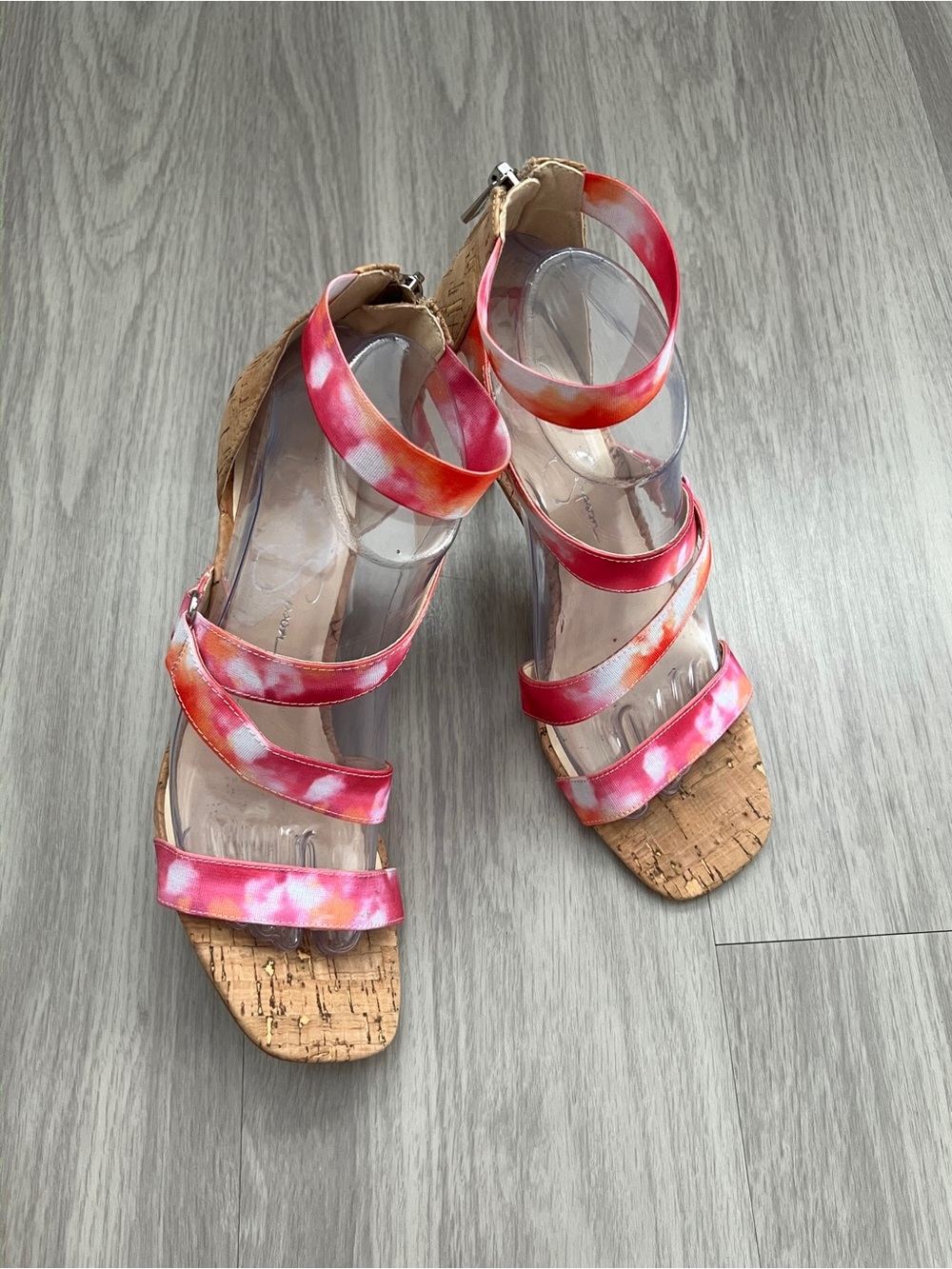 Jessica Simpson Pink Tie Dye Cork Strappy Heels Sandals Size 8.5